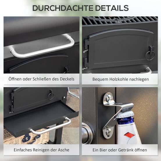Barbecue charbon fumoir métal jardin terrasse grille réglable 124x66x112cm noir - ComfortXL Outdoor Living - Image 7
