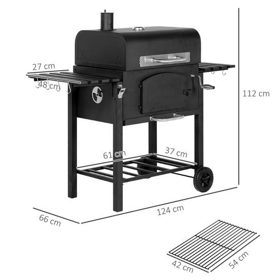 Barbecue charbon fumoir métal jardin terrasse grille réglable 124x66x112cm noir - ComfortXL Outdoor Living - Image 3