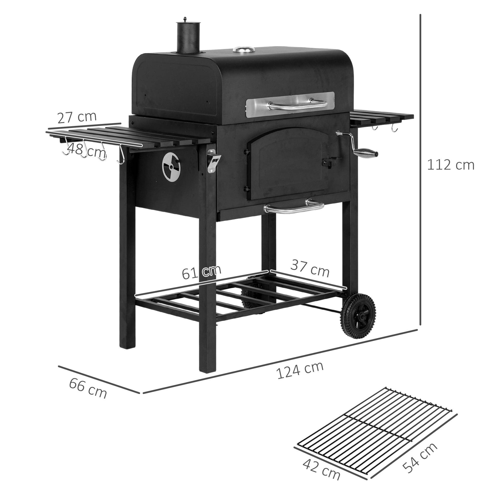 Barbecue charbon fumoir métal jardin terrasse grille réglable 124x66x112cm noir - ComfortXL Outdoor Living - Image 3