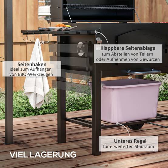 Barbecue charbon fumoir métal jardin terrasse grille réglable 124x66x112cm noir - ComfortXL Outdoor Living - Image 6