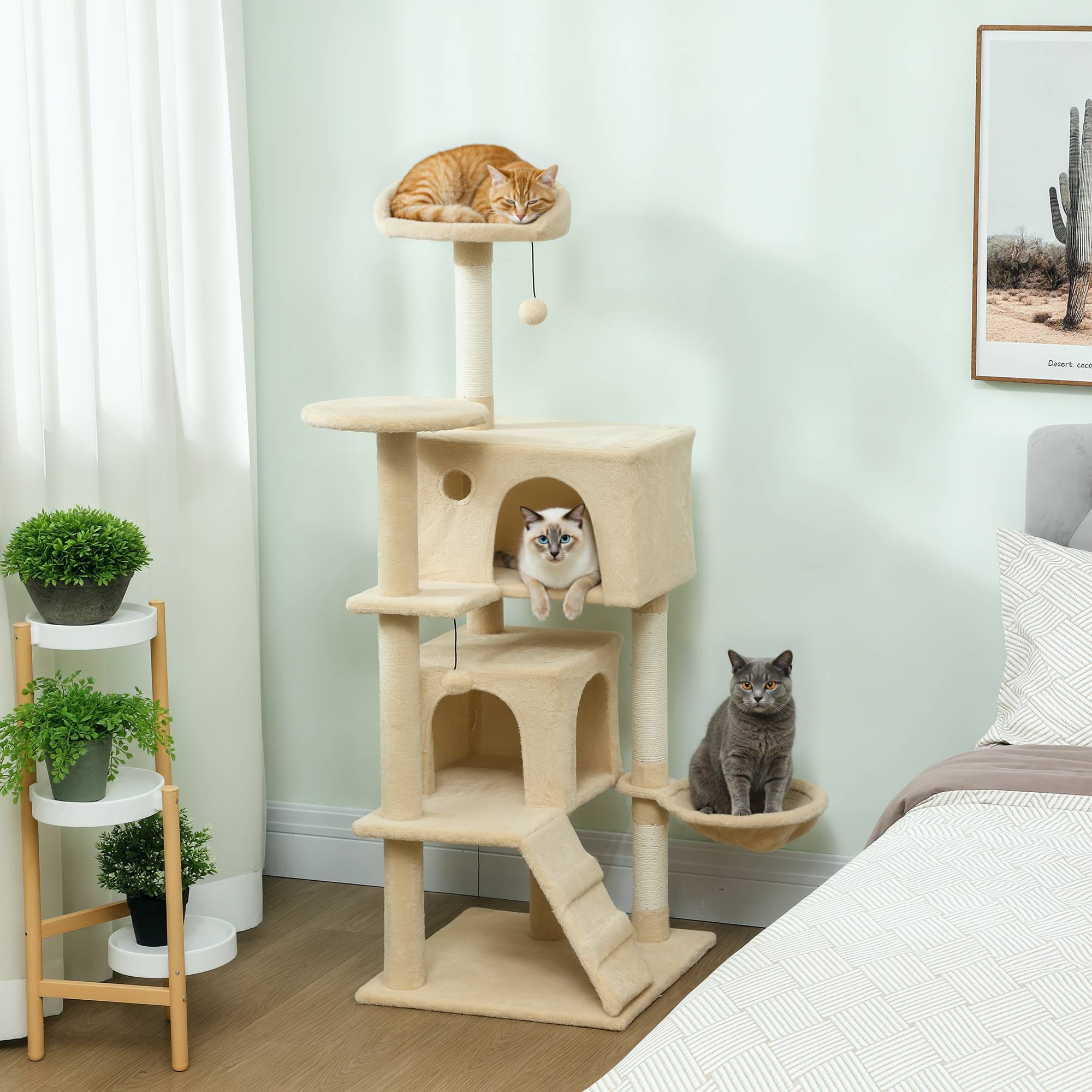 Sans Marque - Arbre à chat beige 140 cm avec 2 niches, hamac et griffoir sisal - Image 3