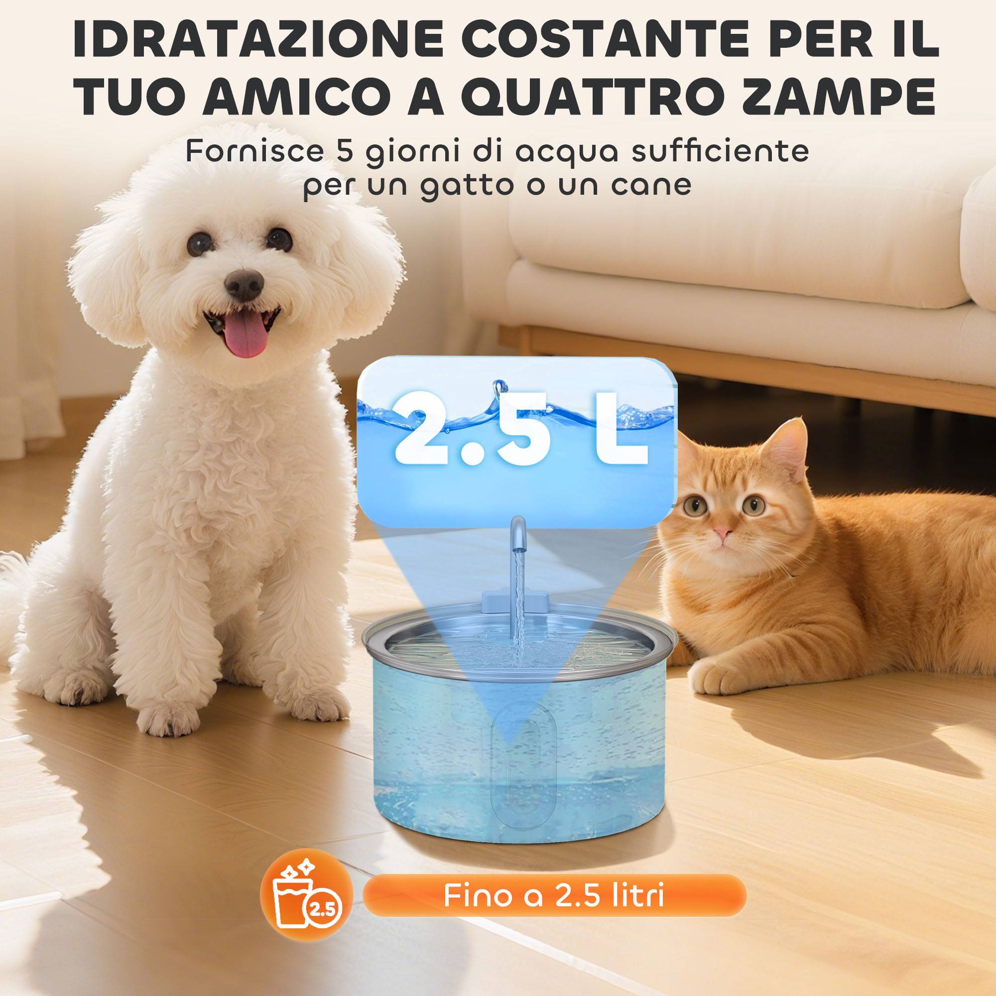 Fontaine eau chat 2,5L avec LED et 2 modes d'écoulement, inox,19.4x19.4x18.7cm,argent - Image 8