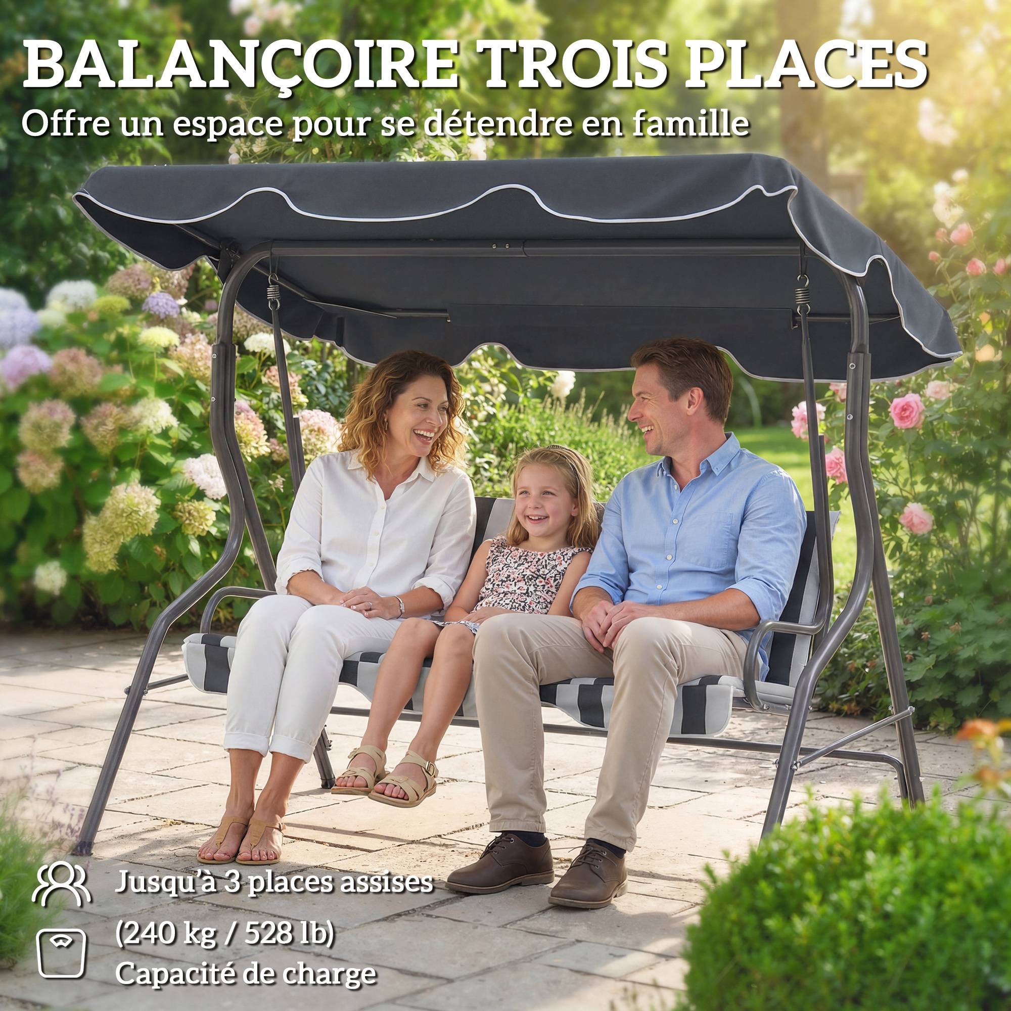 Balancelle de Jardin 3 Places Toit imperméabilisé Inclinaison réglable Coussins Assise Dossier gris, blanc rayé - Image 8