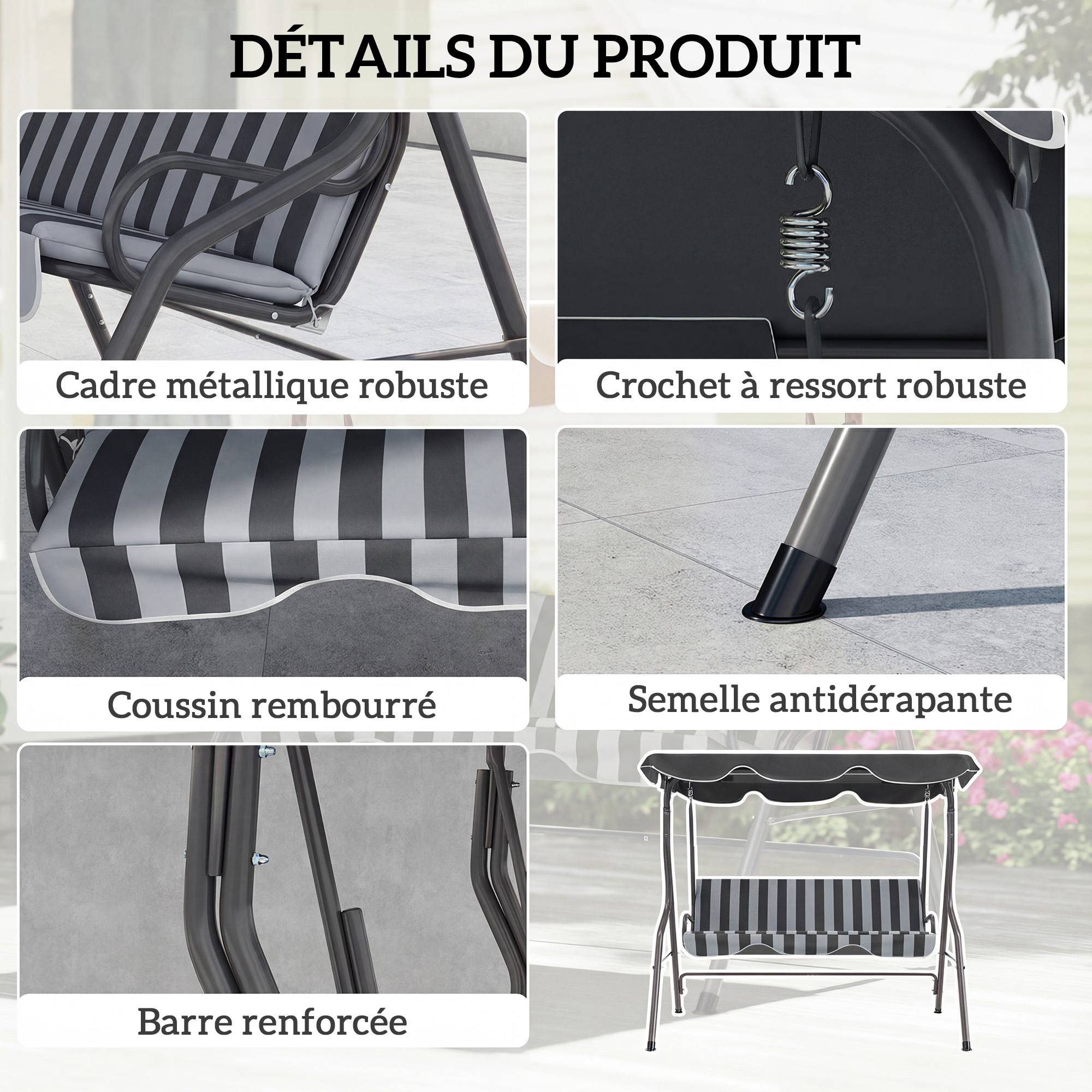Balancelle de Jardin 3 Places Toit imperméabilisé Inclinaison réglable Coussins Assise Dossier gris, blanc rayé - Image 7