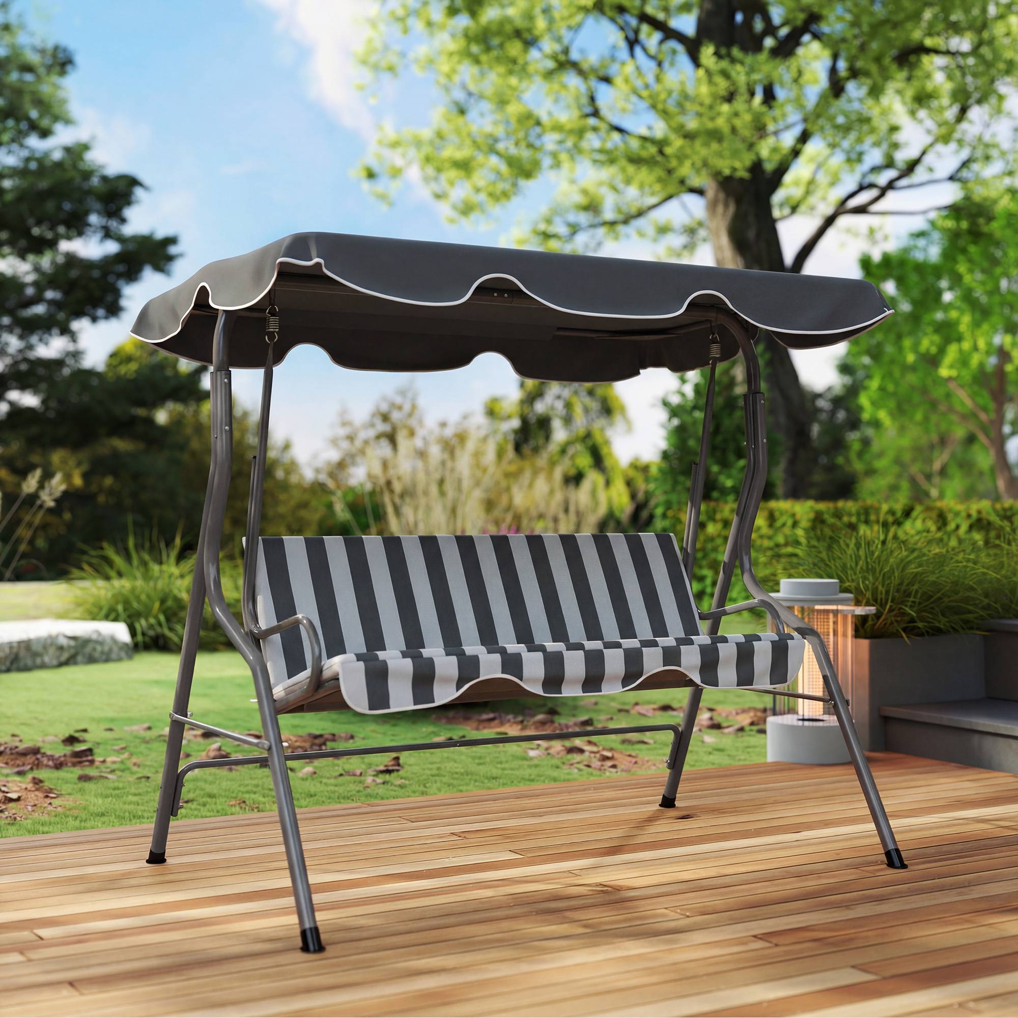 Balancelle de Jardin 3 Places Toit imperméabilisé Inclinaison réglable Coussins Assise Dossier gris, blanc rayé - Image 10