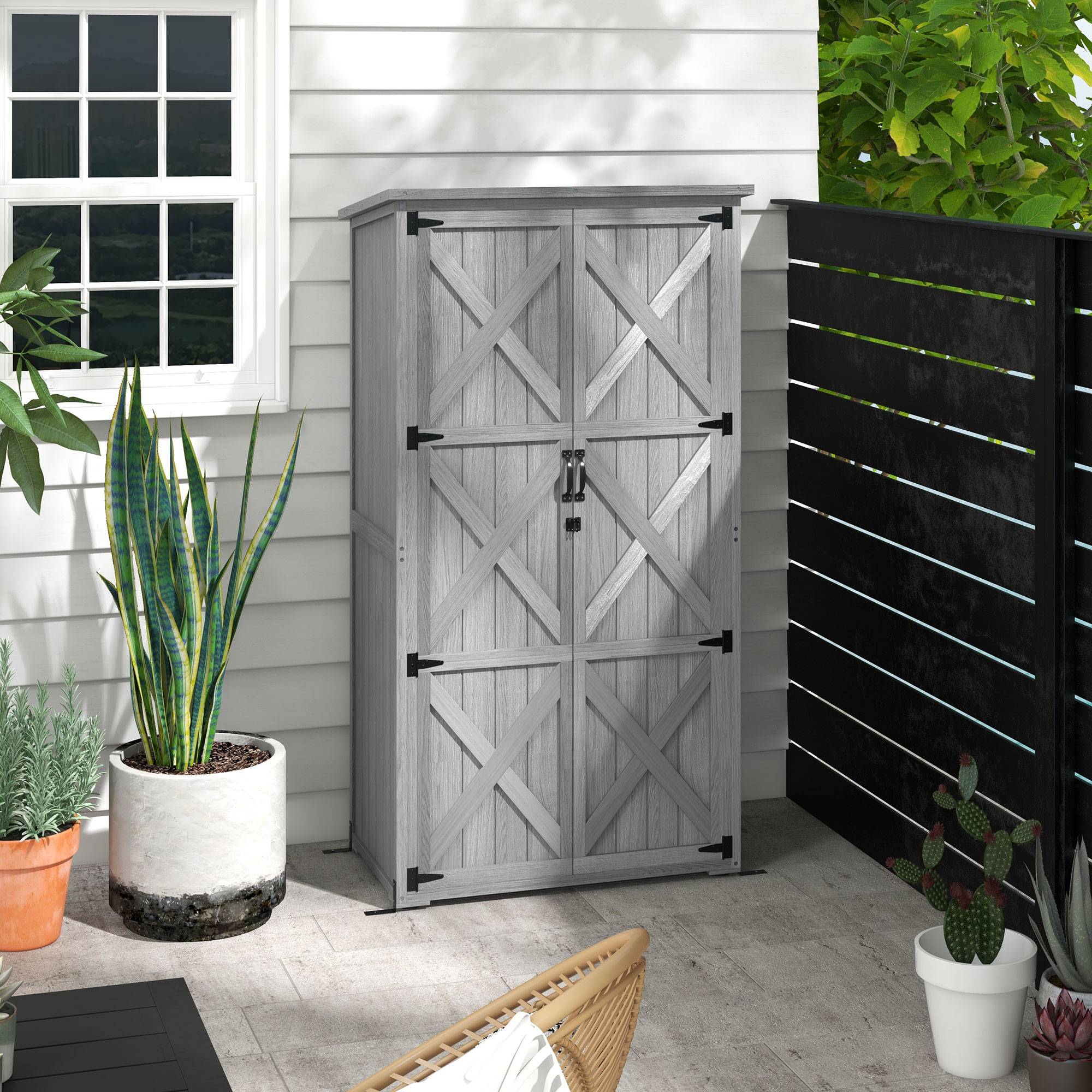 Armoire de jardin, abri jardin sur pied, avec 2 étagères, toit incliné et bitumé, en bois massif, 90x54,5x168,5cm, gris - Image 3