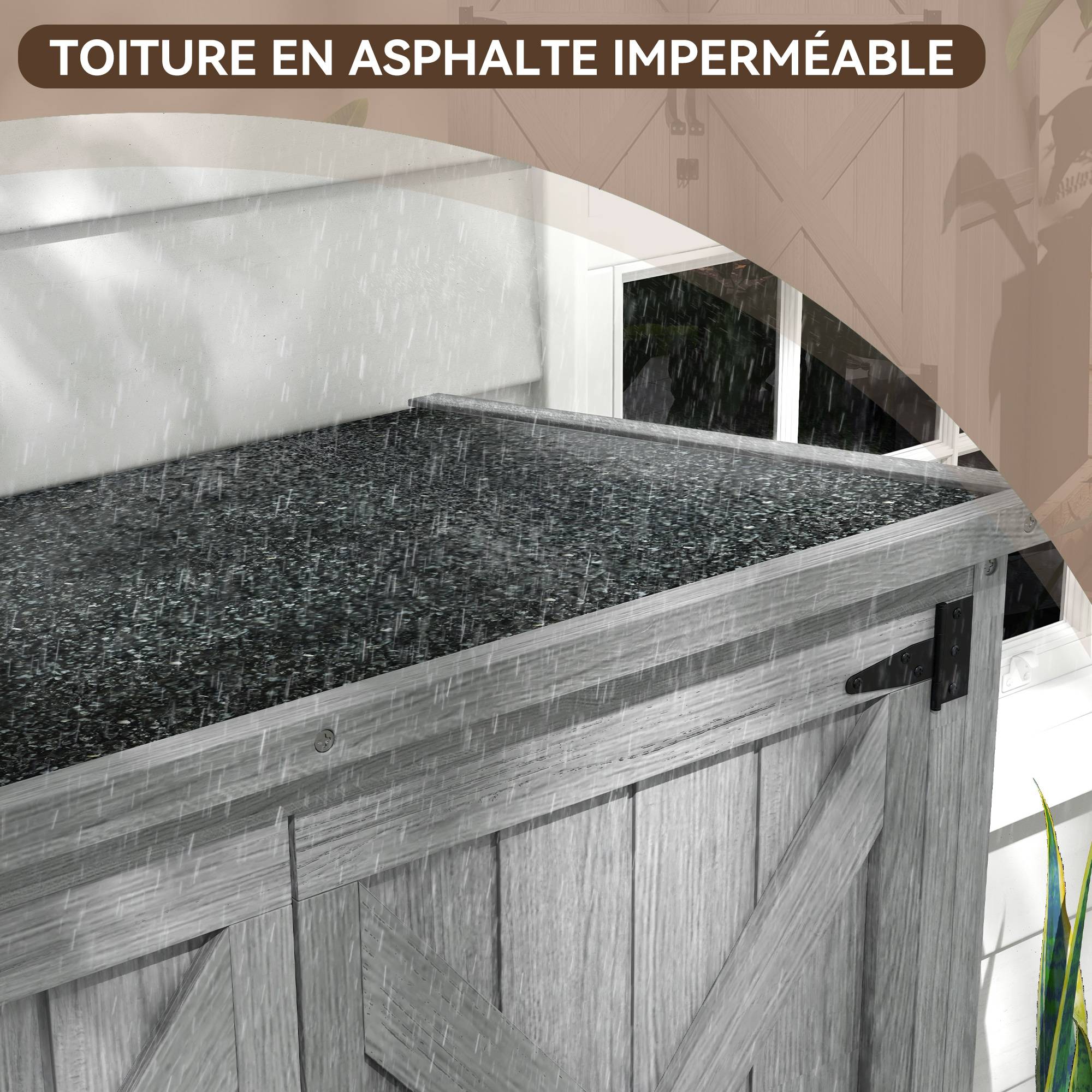Armoire de jardin, abri jardin sur pied, avec 2 étagères, toit incliné et bitumé, en bois massif, 90x54,5x168,5cm, gris - Image 7