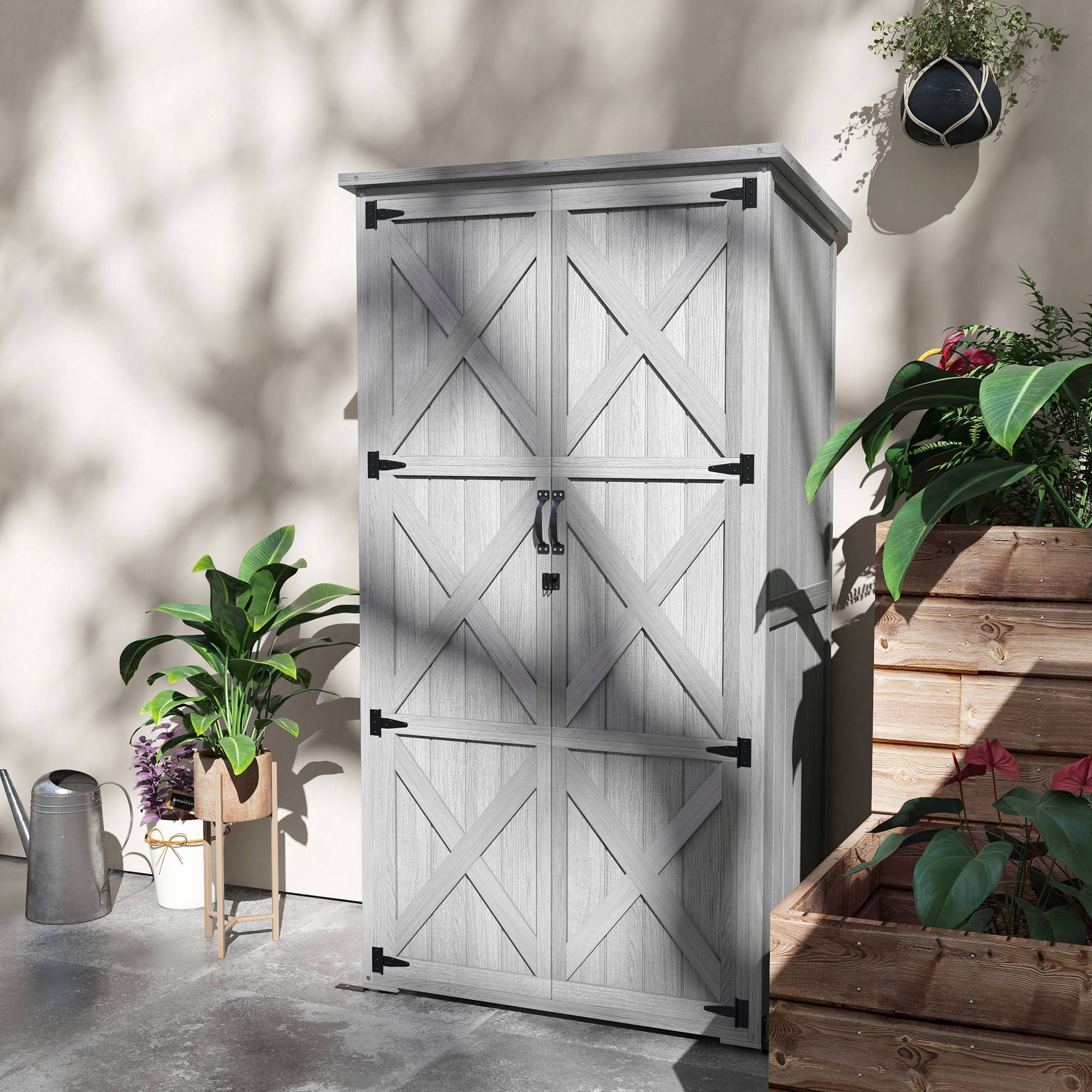 Armoire de jardin, abri jardin sur pied, avec 2 étagères, toit incliné et bitumé, en bois massif, 90x54,5x168,5cm, gris - Image 4