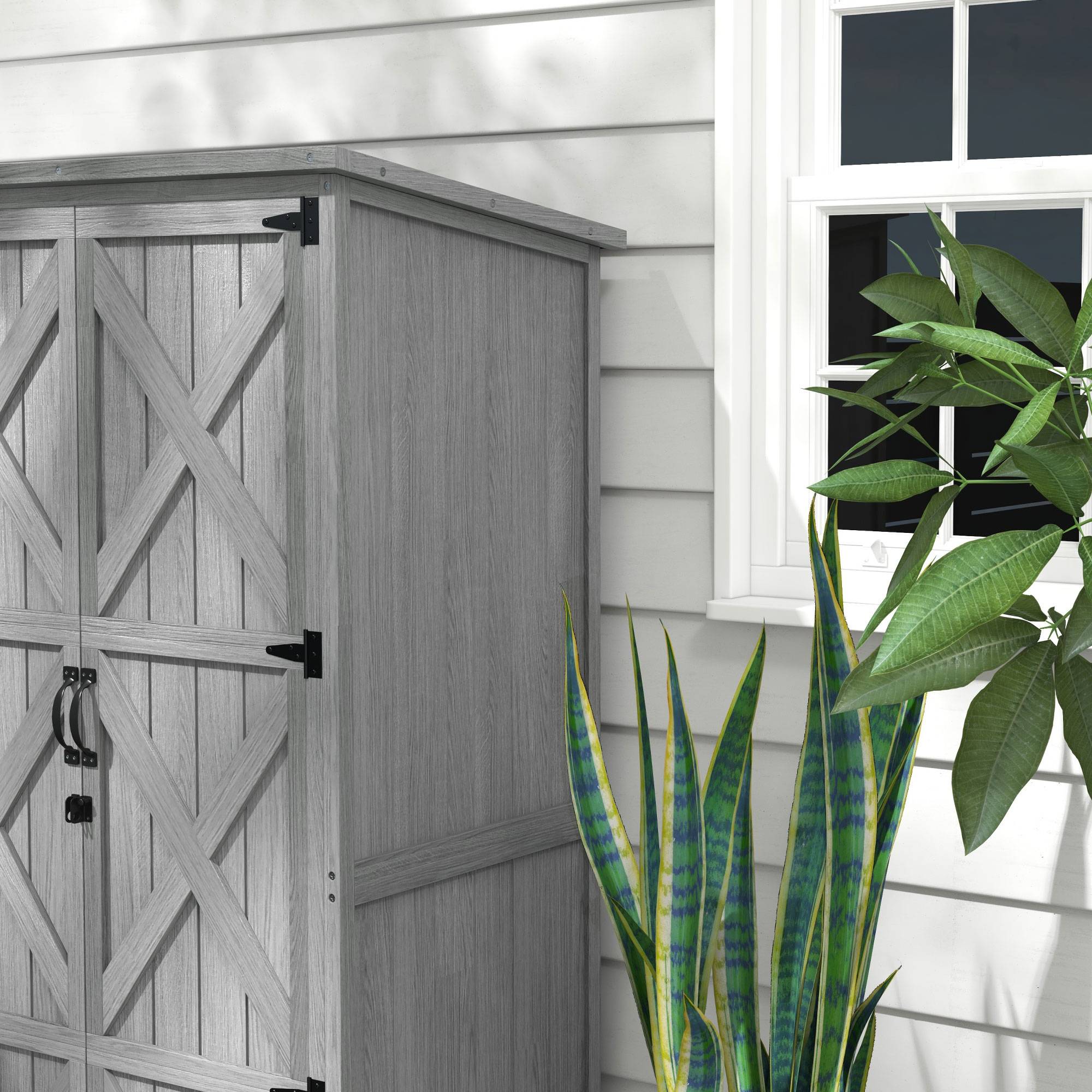 Armoire de jardin, abri jardin sur pied, avec 2 étagères, toit incliné et bitumé, en bois massif, 90x54,5x168,5cm, gris - Image 10