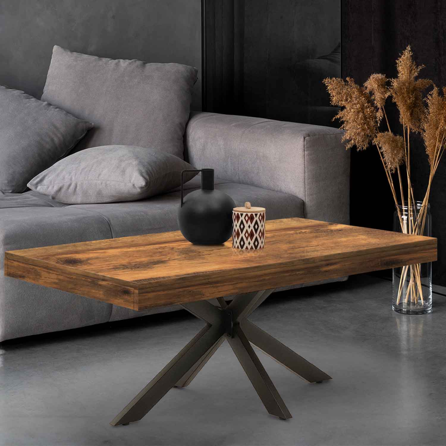 Table basse rectangulaire ALIX 110 cm pied araignée bois foncé effet vieilli et noir - Image 1