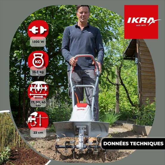 Motobineuse électrique 1500W Largeur de travail 17-45cm 6 fraises - Profondeur de travail 23cm Préparation sol jardin IKRA - Image 5