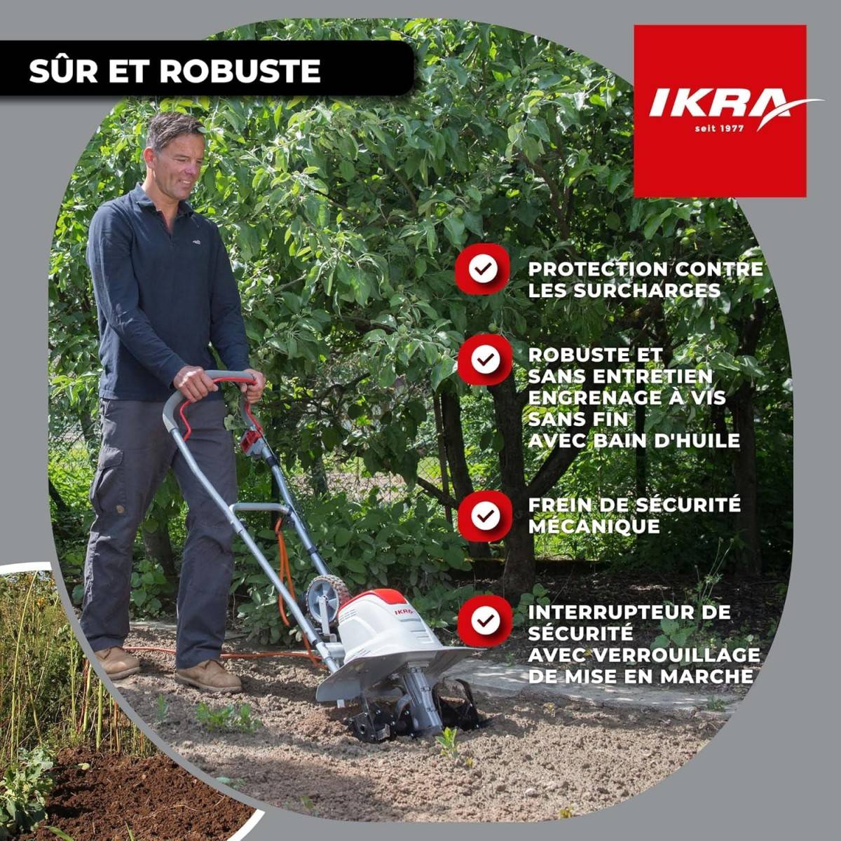 Motobineuse électrique 1500W Largeur de travail 17-45cm 6 fraises - Profondeur de travail 23cm Préparation sol jardin IKRA - Image 7