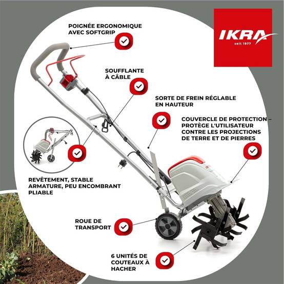 Motobineuse électrique 1500W Largeur de travail 17-45cm 6 fraises - Profondeur de travail 23cm Préparation sol jardin IKRA - Image 6