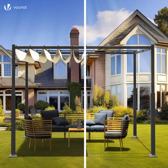 VOUNOT® Pergola rétractable 3x3m en metal et toile polyester haute densite 180 g/m² beige - Image 7