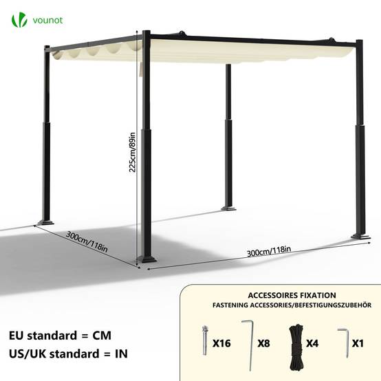 VOUNOT® Pergola rétractable 3x3m en metal et toile polyester haute densite 180 g/m² beige - Image 3