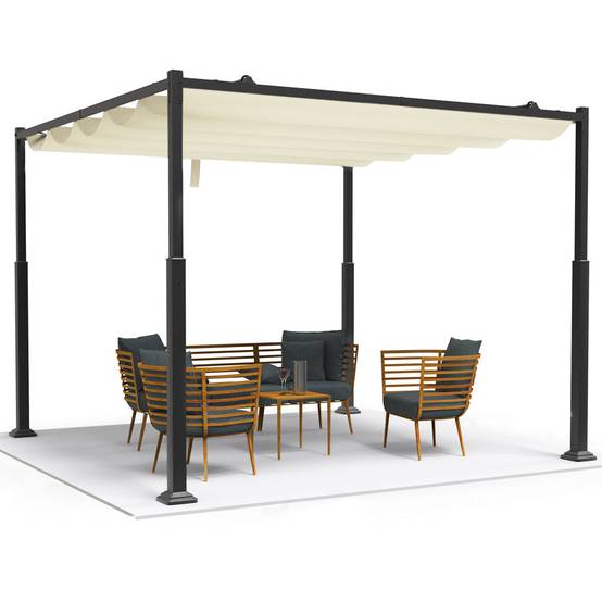 VOUNOT® Pergola rétractable 3x3m en metal et toile polyester haute densite 180 g/m² beige - Image 1