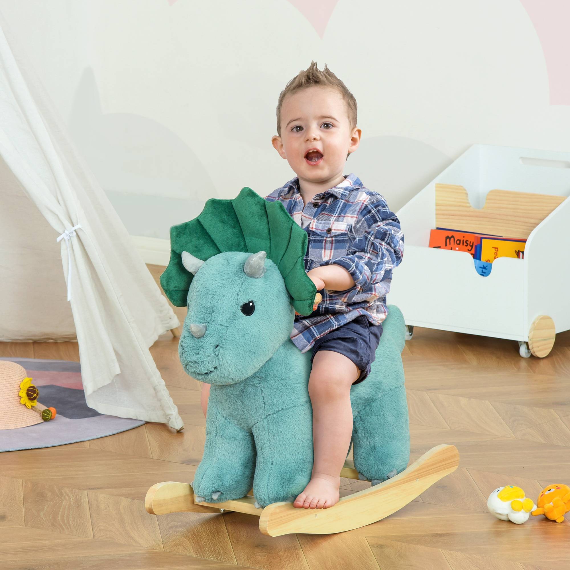 Jouet à Bascule Dinosaure Effet sonore Rugissement Bois peuplier Peluche Courte Polyester Vert d'eau - Image 4
