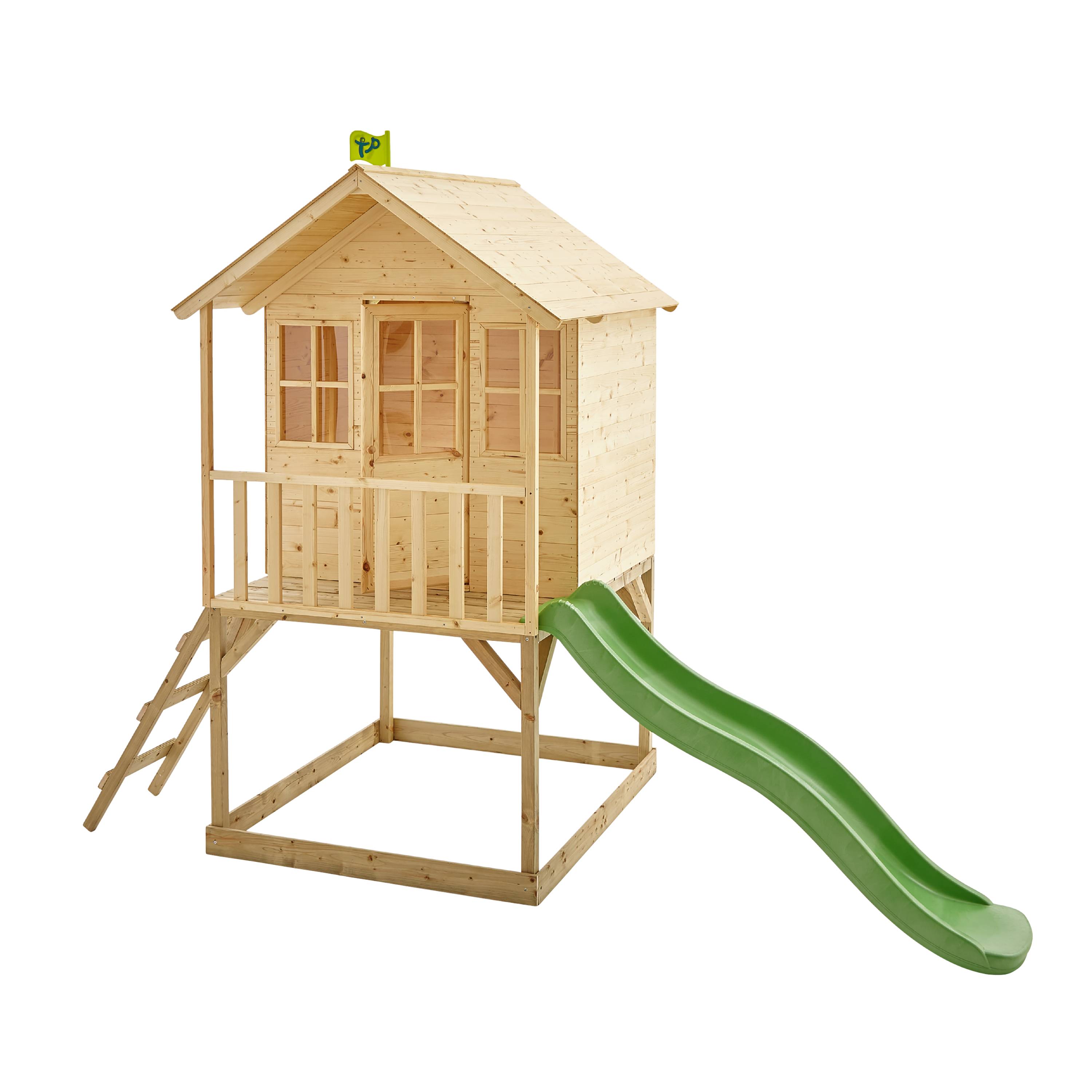 Maisonnette cabane sur pilotis en bois FSC® avec toboggan vert pomme COLLINE - Image 1