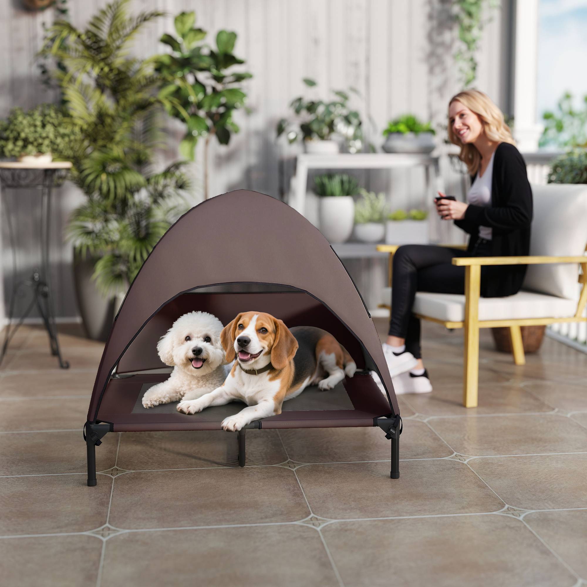 ComfortXL - Lit surélevé pour chien acier et polyester marron 91 x 76 x 90 cm extérieur avec toit pare-soleil amovible - Image 8