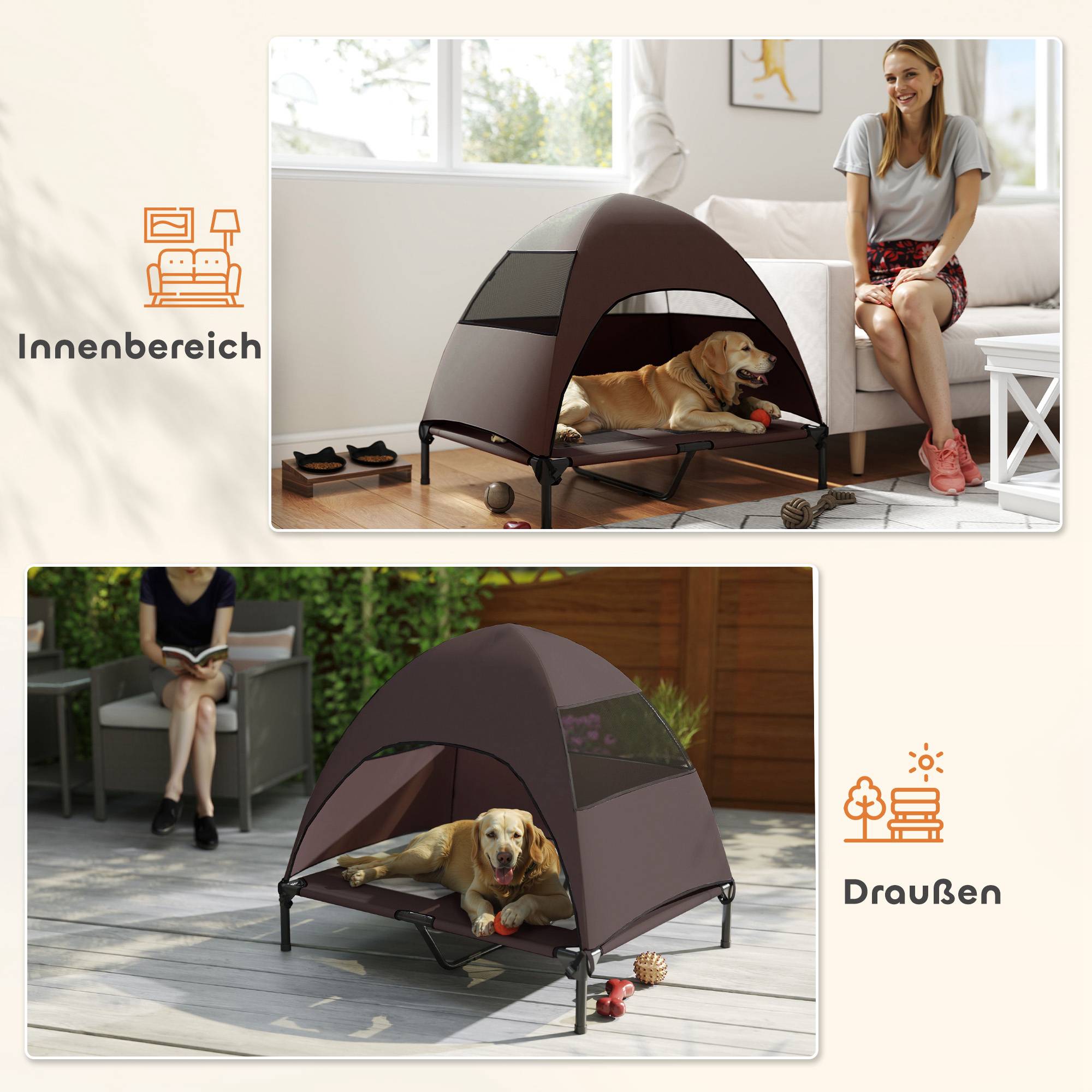 ComfortXL - Lit surélevé pour chien acier et polyester marron 91 x 76 x 90 cm extérieur avec toit pare-soleil amovible - Image 7
