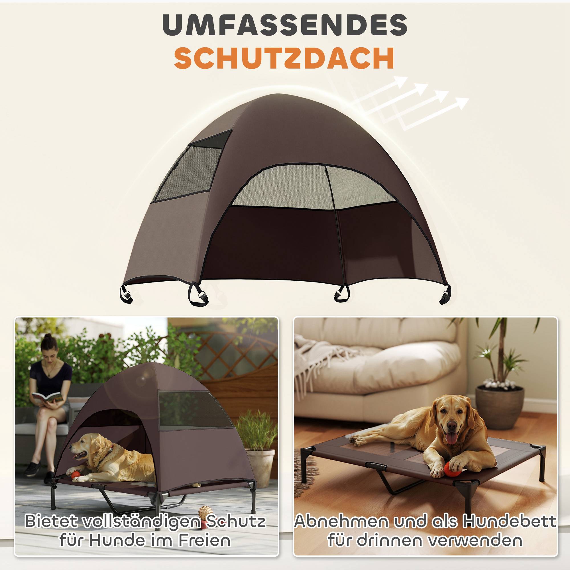 ComfortXL - Lit surélevé pour chien acier et polyester marron 91 x 76 x 90 cm extérieur avec toit pare-soleil amovible - Image 4