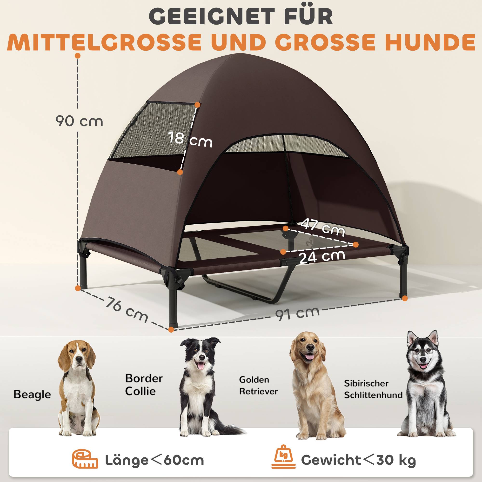 ComfortXL - Lit surélevé pour chien acier et polyester marron 91 x 76 x 90 cm extérieur avec toit pare-soleil amovible - Image 3