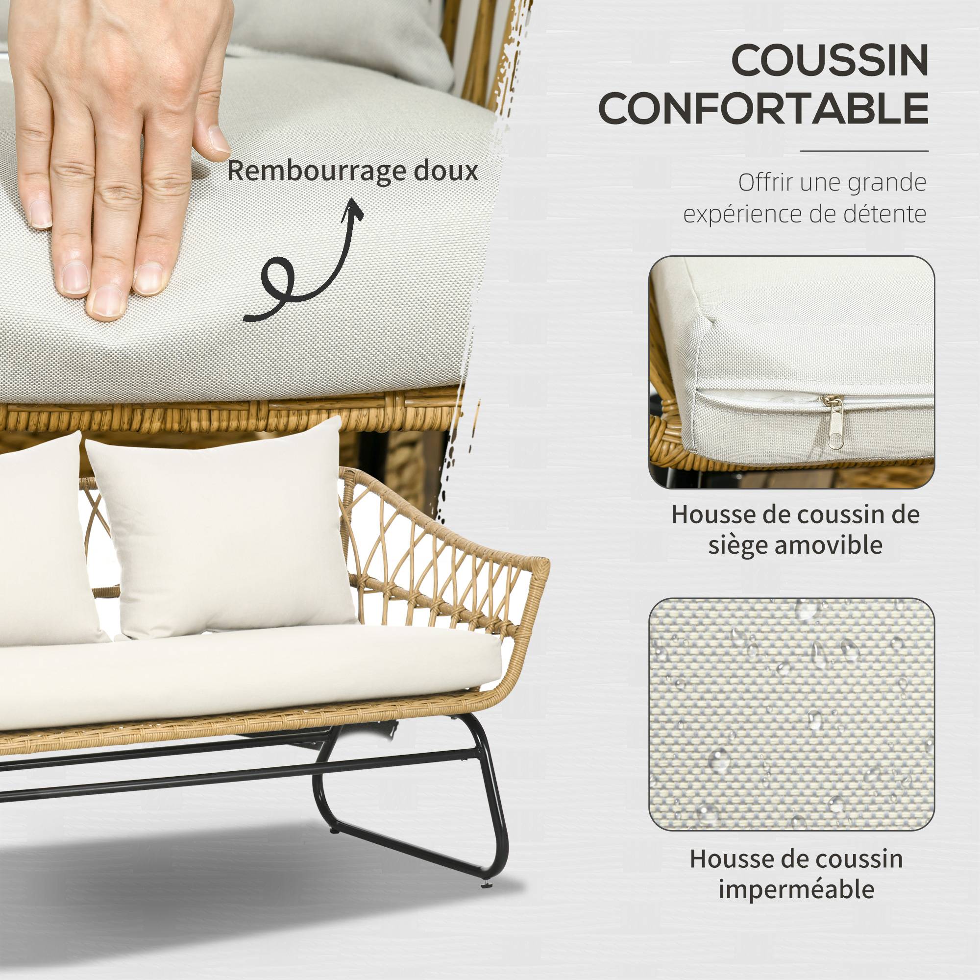 Outsunny - Salon de jardin 4 places 4 pièces 7 coussins inclus acier époxy résine tressée beige - Outsunny - Image 5