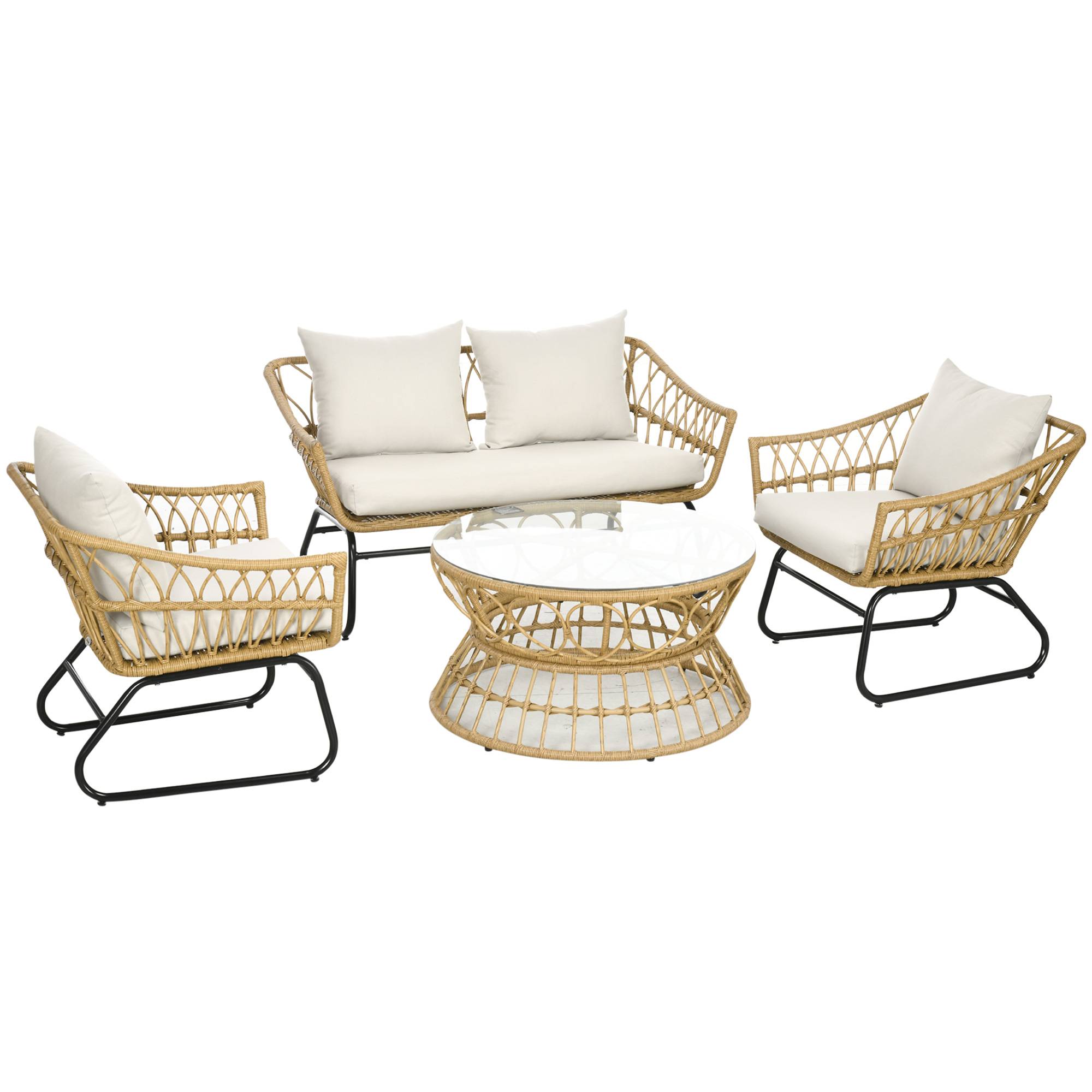 Outsunny - Salon de jardin 4 places 4 pièces 7 coussins inclus acier époxy résine tressée beige - Outsunny - Image 1