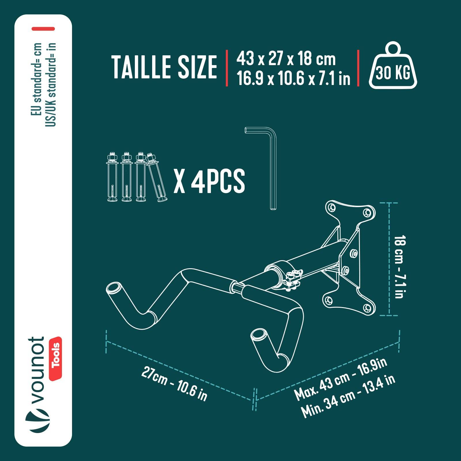 Vounot - Support mural pour vélos réglable et pliable - Métal - Charge max 30kg - Noir - VOUNOT® - Image 3