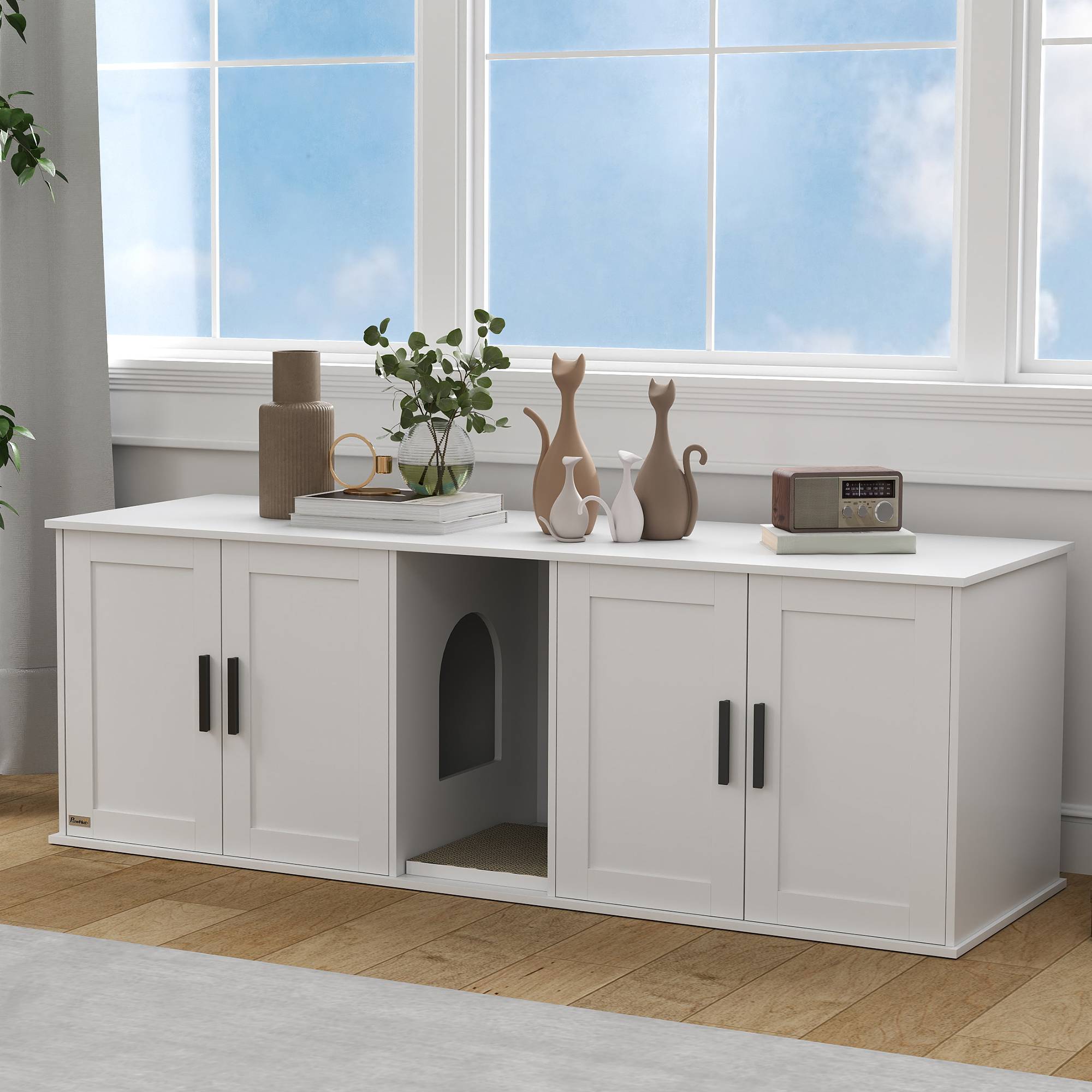 ComfortXL - Meuble litière pour chat MDF blanc 145 x 49 x 51 cm double compartiment avec porte et tapis griffoir - Image 9
