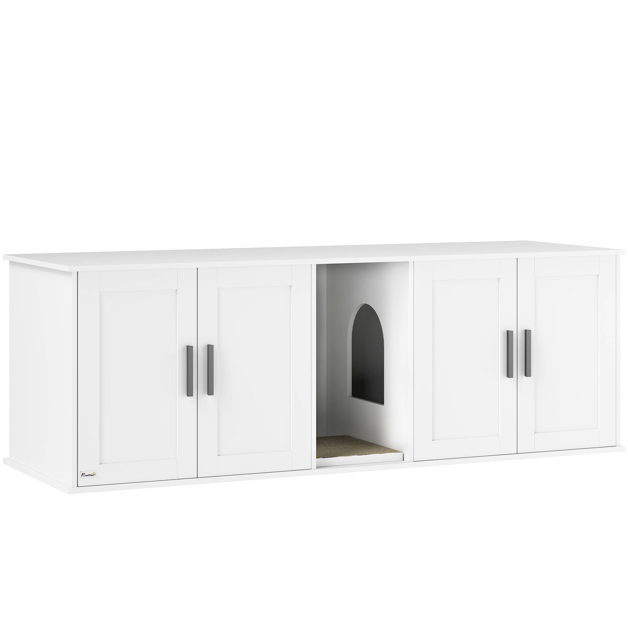 ComfortXL - Meuble litière pour chat MDF blanc 145 x 49 x 51 cm double compartiment avec porte et tapis griffoir - Image 10