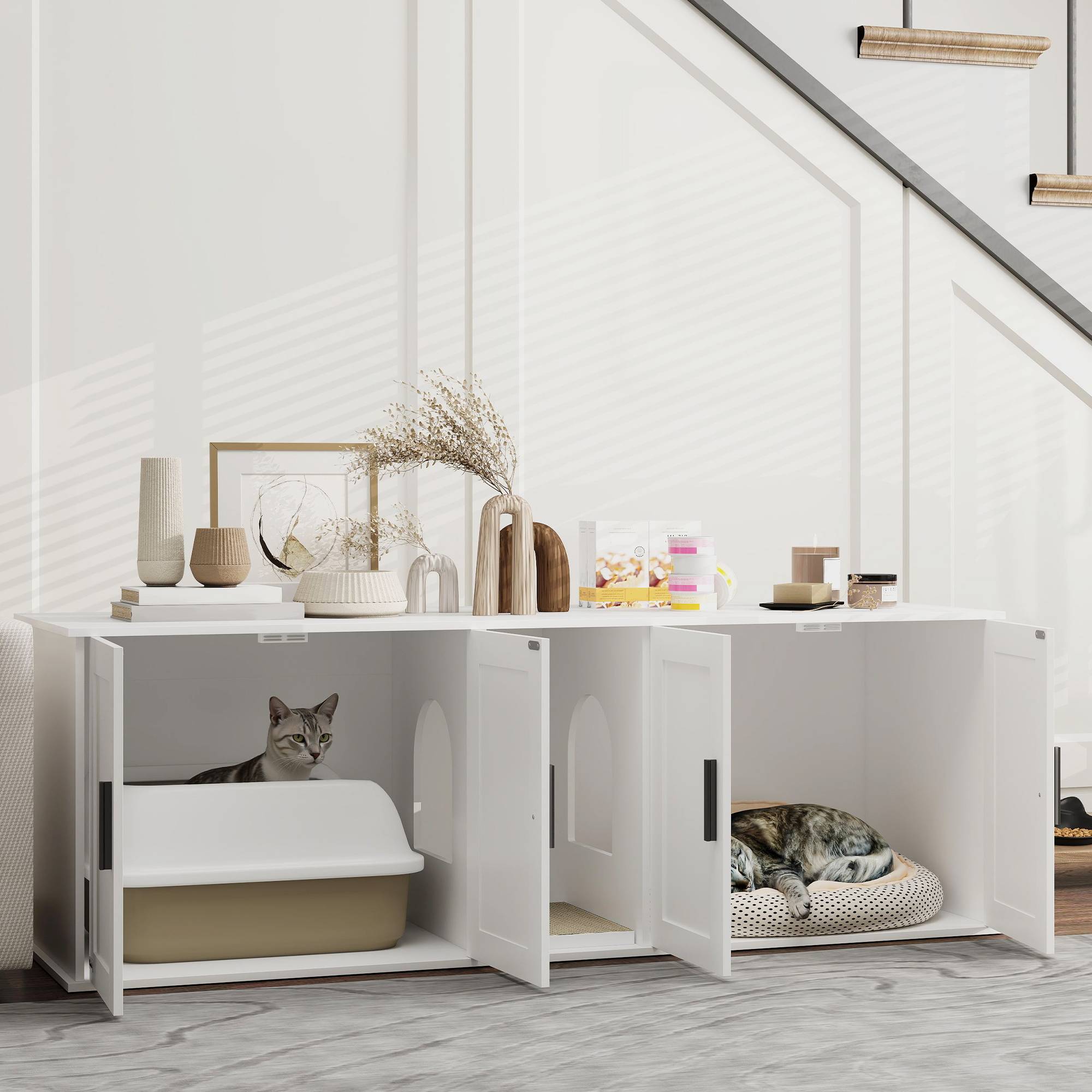 ComfortXL - Meuble litière pour chat MDF blanc 145 x 49 x 51 cm double compartiment avec porte et tapis griffoir