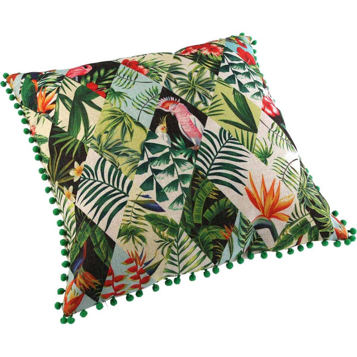 Versa - Coussin imprimé tropical avec pompons - Image 1