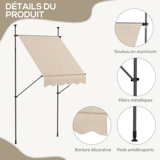 Store banne autoportant manuel rétractable 1,5L x 1,2l x 2,1-3H m inclinaison réglable métal alu polyester sable - Image 9