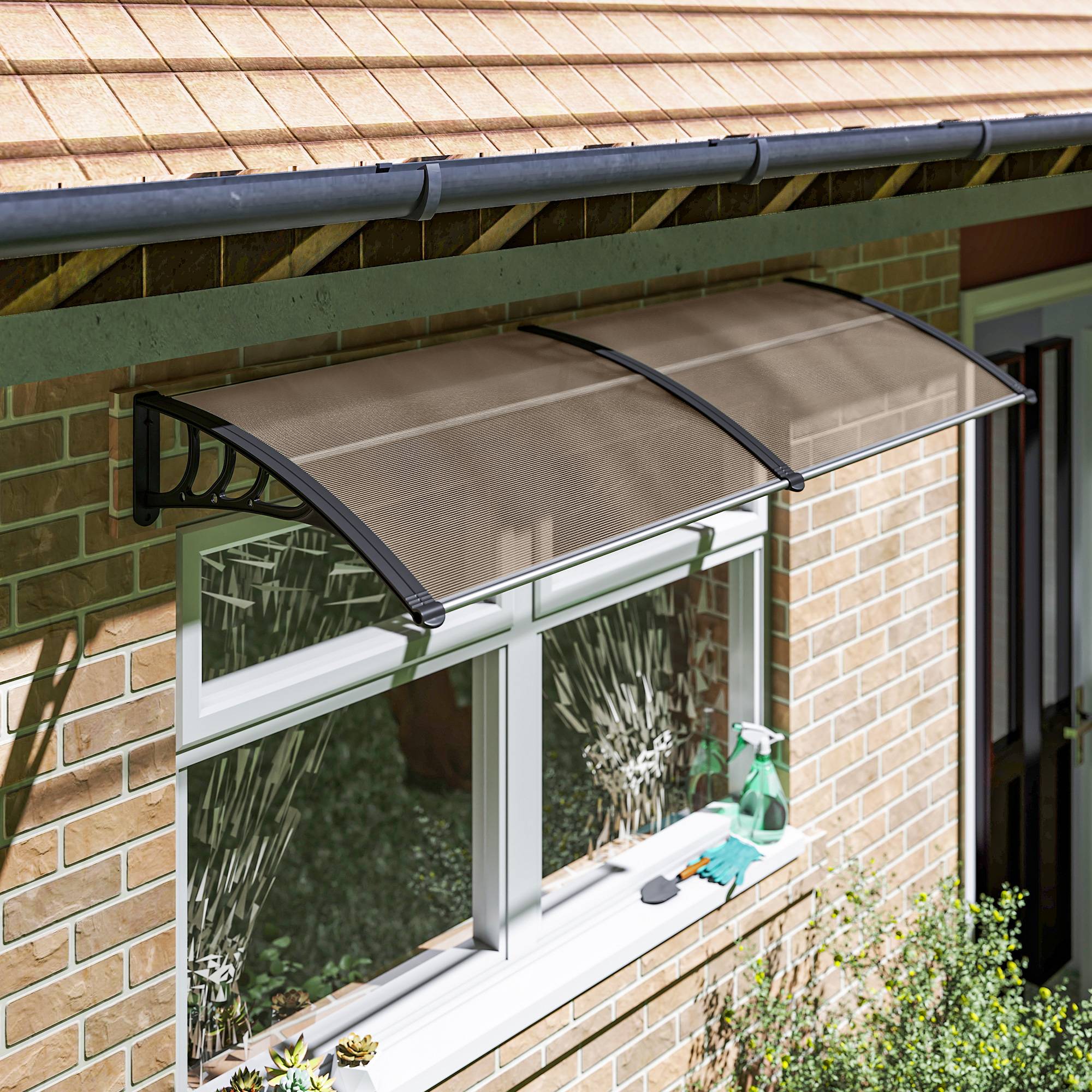 Auvent de porte polycarbonate aluminium pour protection pluie UV 195x75cm marron - ComfortXL Outdoor Living - Image 4