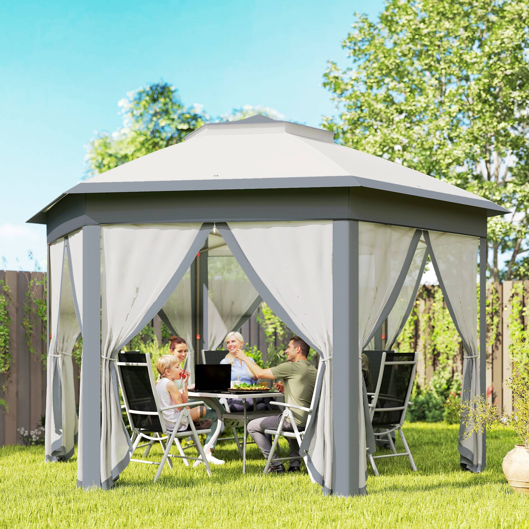 Tente pliante 4 x 3,4 m avec double toit, 6 moustiquaires amovibles et sac de transport anti-UV, grise - Image 3