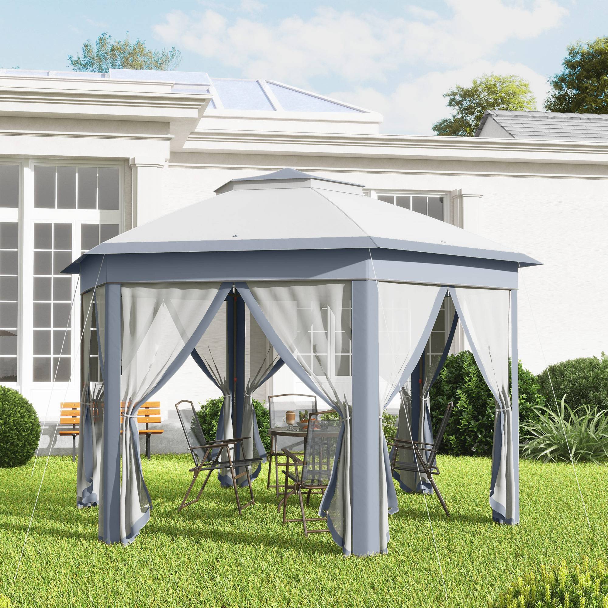 Tente pliante 4 x 3,4 m avec double toit, 6 moustiquaires amovibles et sac de transport anti-UV, grise - Image 10
