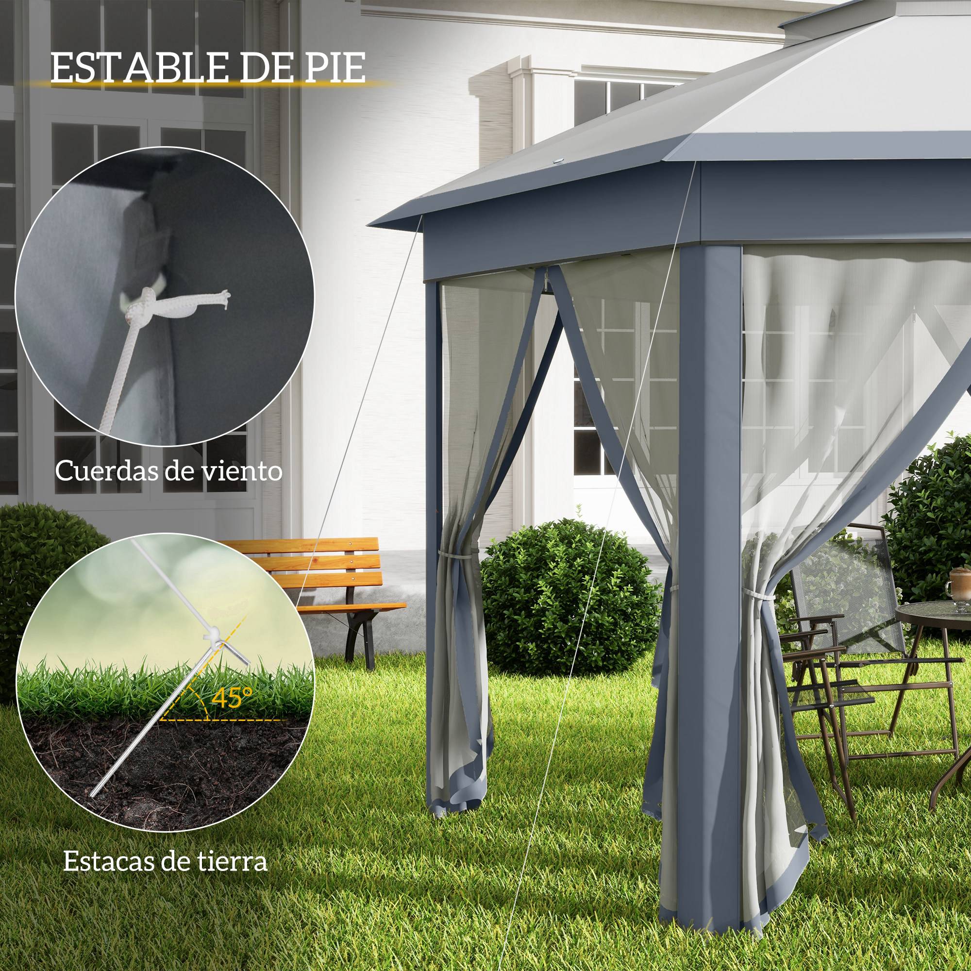 Tente pliante 4 x 3,4 m avec double toit, 6 moustiquaires amovibles et sac de transport anti-UV, grise - Image 8