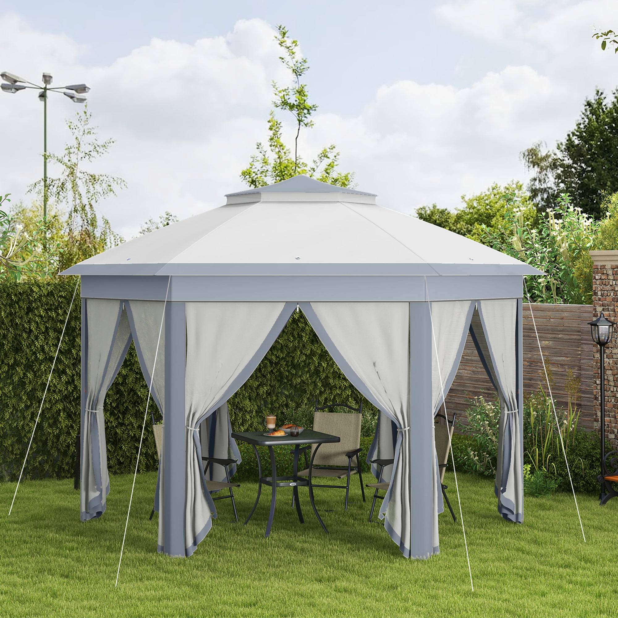 Tente pliante 4 x 3,4 m avec double toit, 6 moustiquaires amovibles et sac de transport anti-UV, grise - Image 4