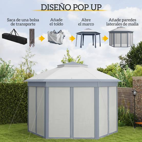 Tente pliante 4 x 3,4 m avec double toit, 6 moustiquaires amovibles et sac de transport anti-UV, grise - Image 6