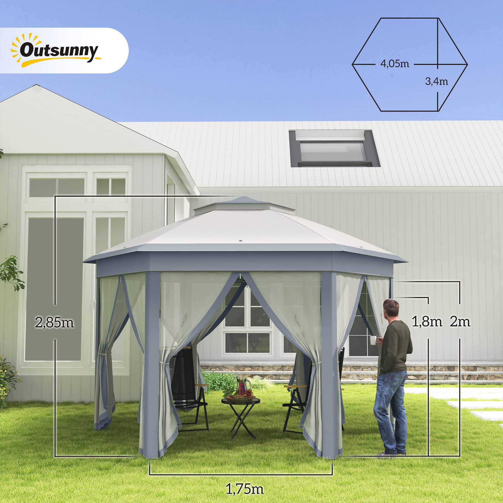 Tente pliante 4 x 3,4 m avec double toit, 6 moustiquaires amovibles et sac de transport anti-UV, grise - Image 5