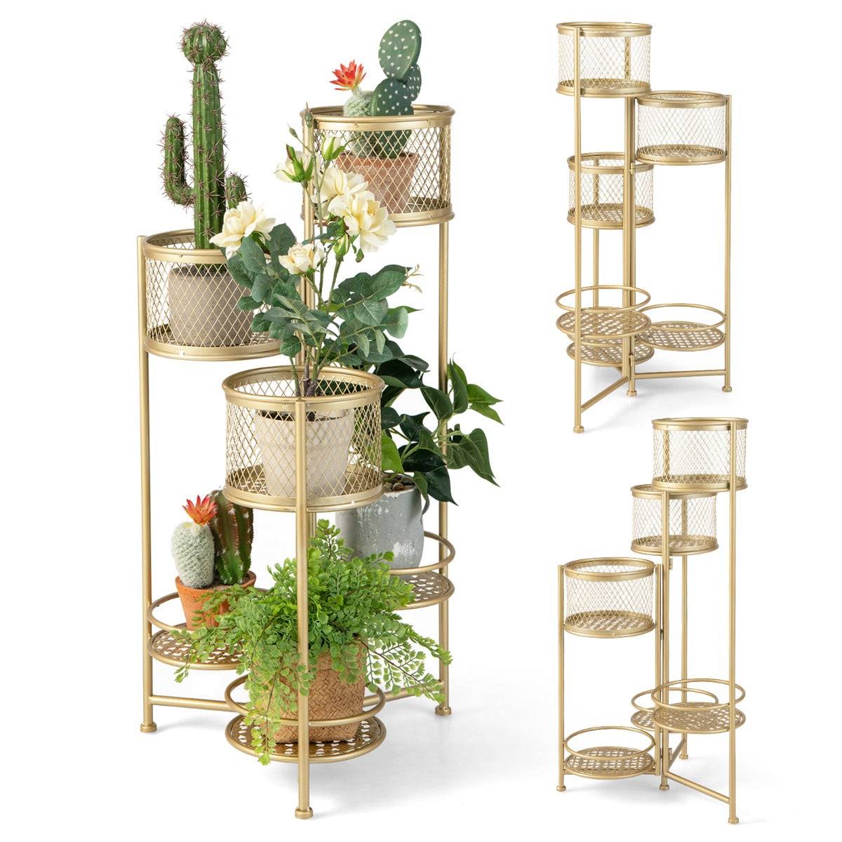 Helloshop26 - Étagère à fleurs pliable en métal avec 6 tablettes porte plante doré à angle réglable pour intérieur extérieur charge 10 kg - Image 1