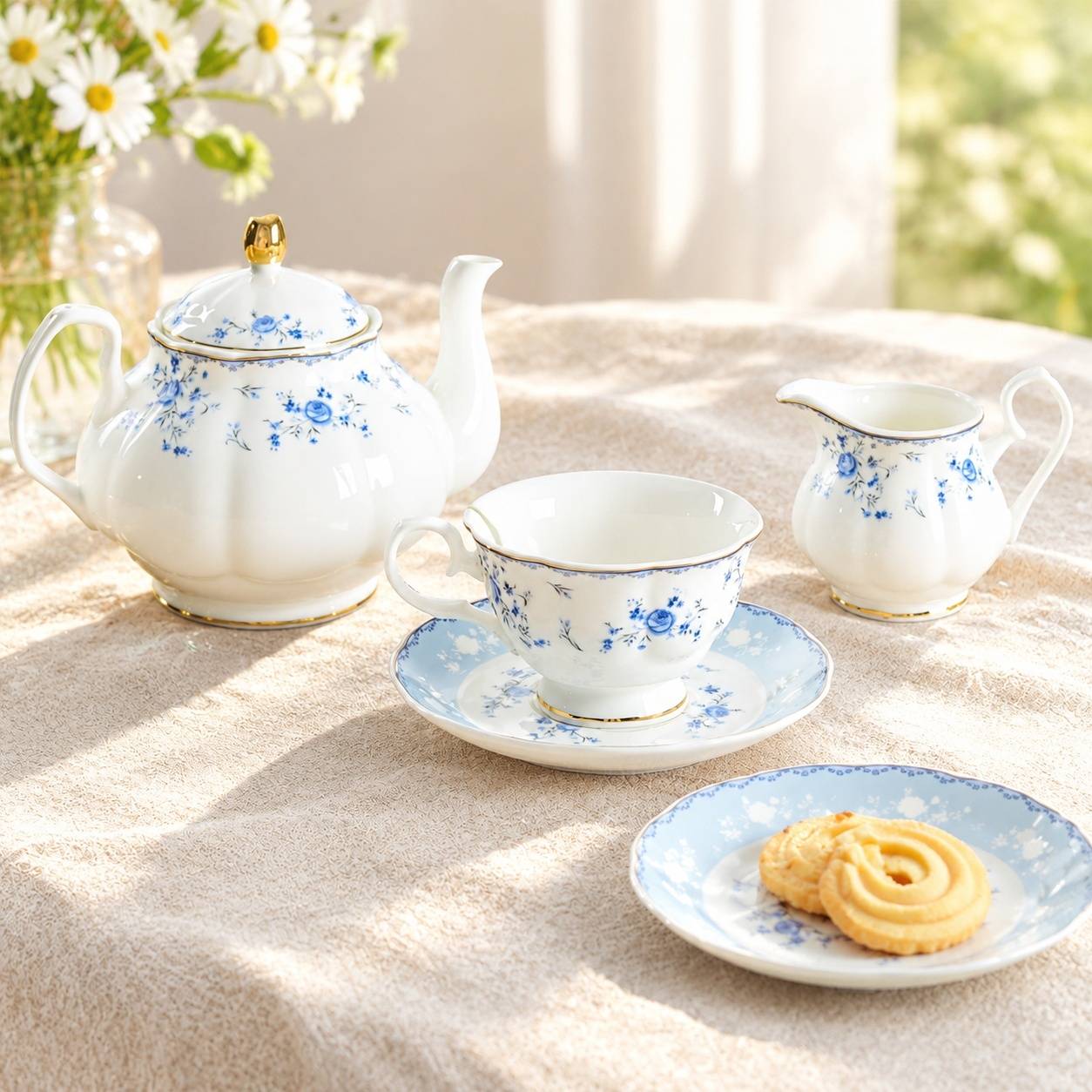 Service à Thé en Porcelaine pour Femme Bleu et Blanc 19 Pièces - Image 5