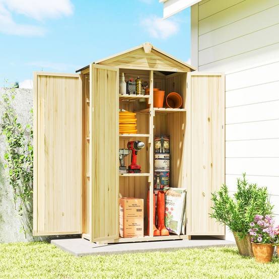 Abri de jardin bois 93x53x168cm, armoire outils 4 étagères 3 portes crochets bois naturel - Image 3