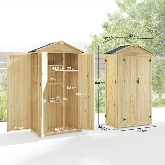 Abri de jardin bois 93x53x168cm, armoire outils 4 étagères 3 portes crochets bois naturel - Image 5