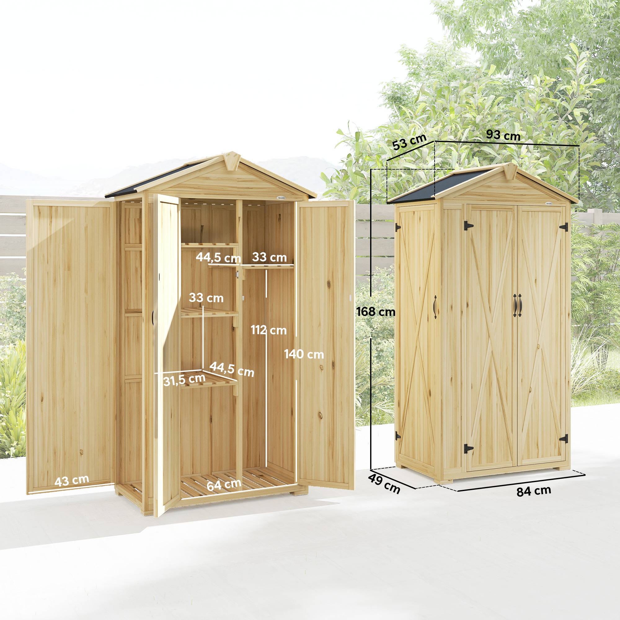 Abri de jardin bois 93x53x168cm, armoire outils 4 étagères 3 portes crochets bois naturel - Image 5