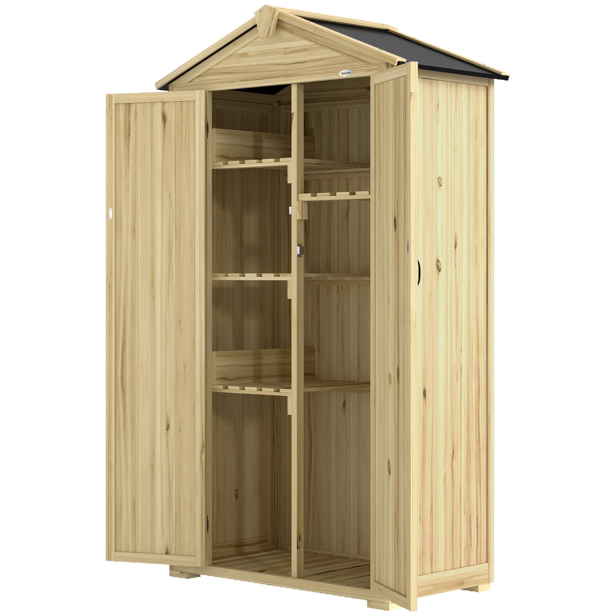 Abri de jardin bois 93x53x168cm, armoire outils 4 étagères 3 portes crochets bois naturel - Image 2