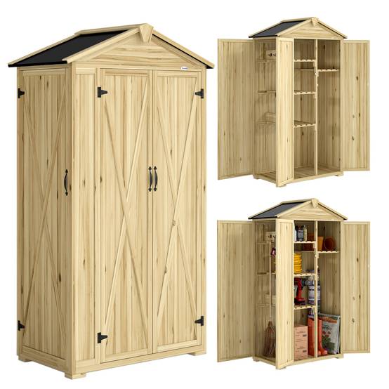 Abri de jardin bois 93x53x168cm, armoire outils 4 étagères 3 portes crochets bois naturel - Image 1