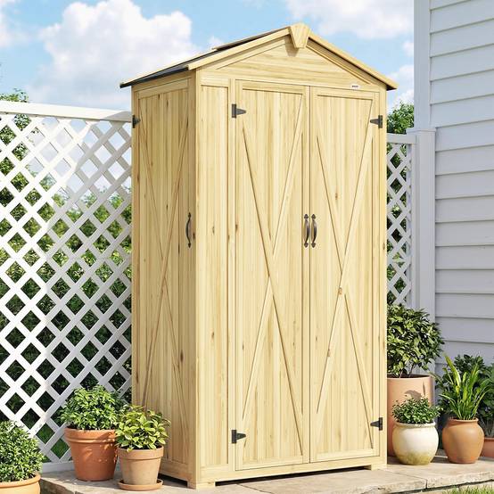 Abri de jardin bois 93x53x168cm, armoire outils 4 étagères 3 portes crochets bois naturel - Image 10