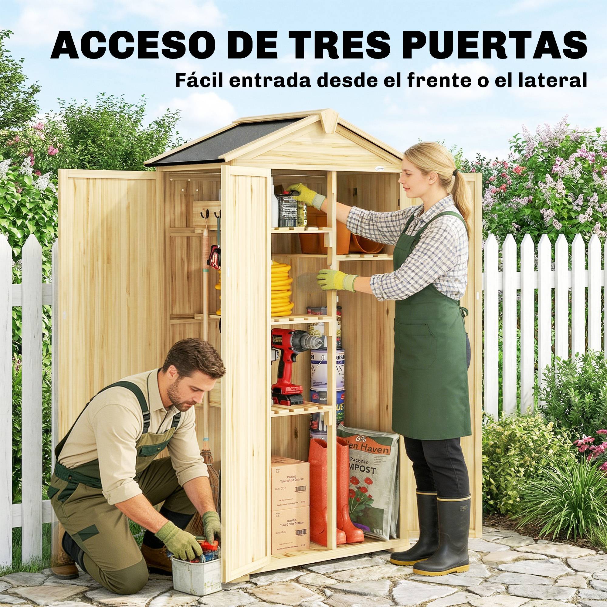Abri de jardin bois 93x53x168cm, armoire outils 4 étagères 3 portes crochets bois naturel - Image 6